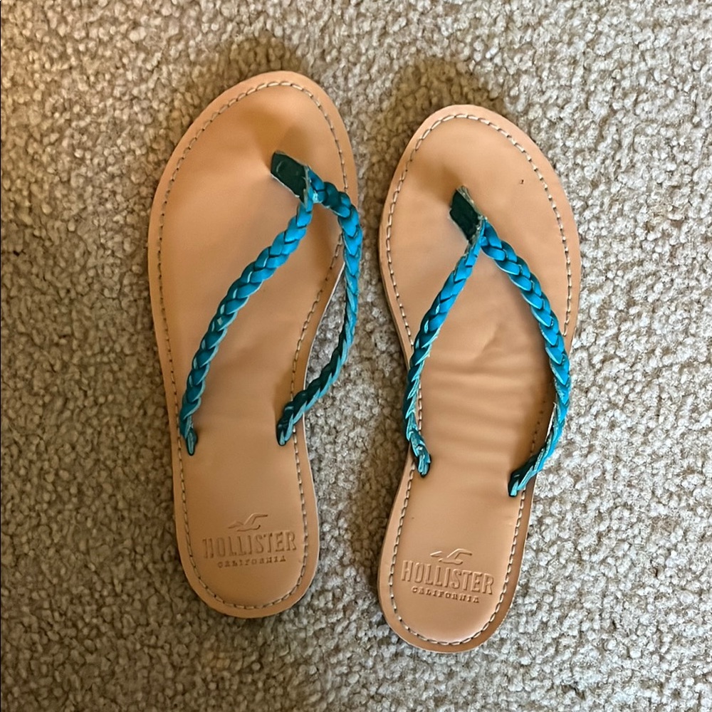 Hollister Tan and Blue Flip Flops with Braided Straps